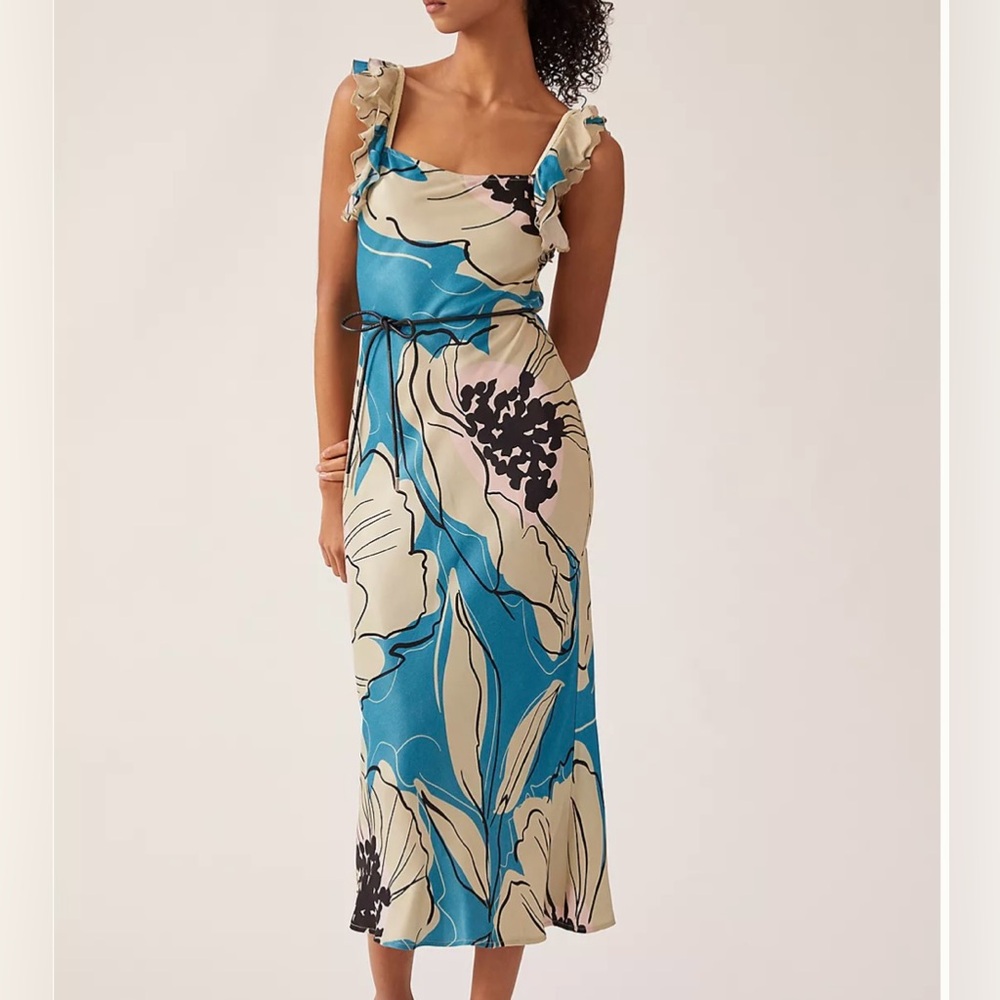 Anthropologie Floral Sarin Maxi Dress Poppies in Blue, Pink and Cream (S/M)